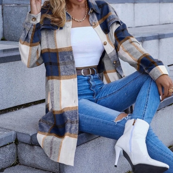 Tan white plaid button down overcoat jacket - Picture 16 of 16